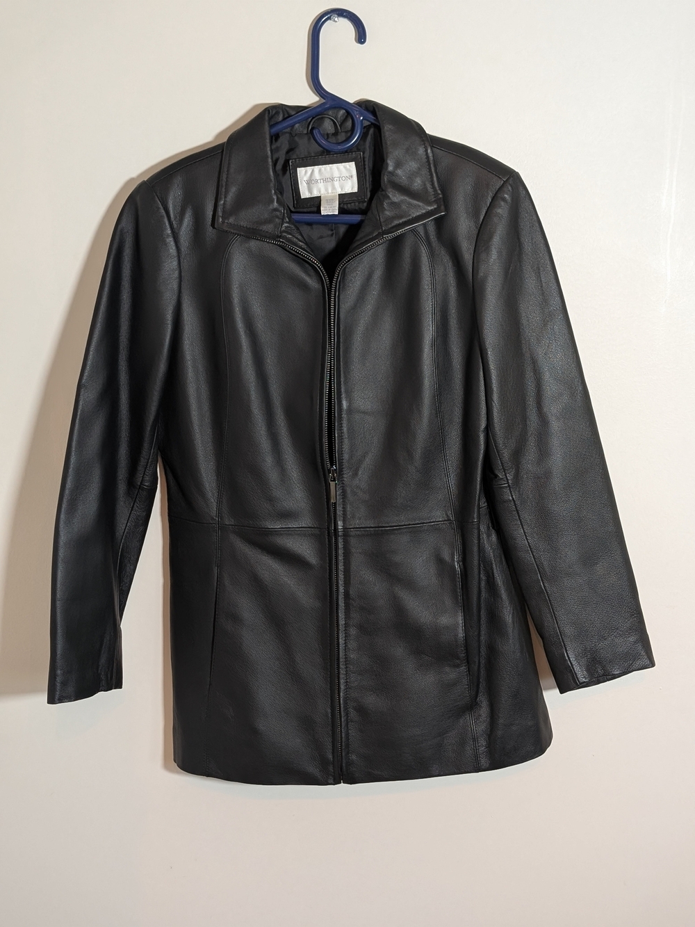 Worthington Women's Petite PS Black Leather Zip Front Lined Jacket Long Sleeve